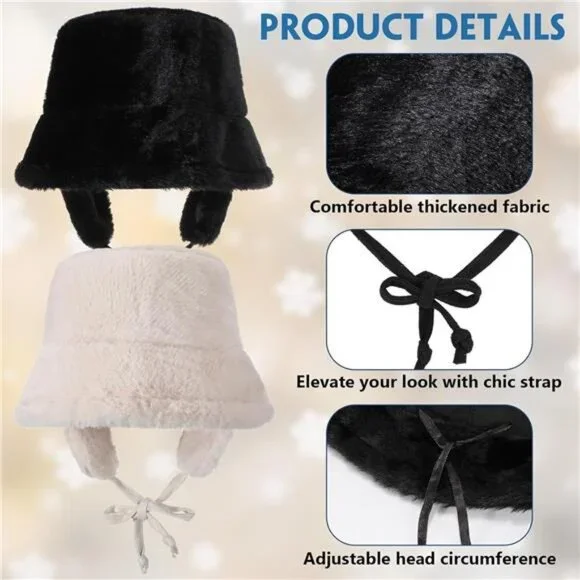 2 Pcs Women's Bucket Hat Faux Fur Fuzzy Adjustable Fur Cap